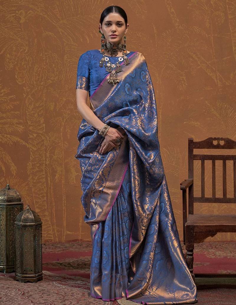 navy_blue woven design zari silk blend kanjeevaram saree with matching blouse