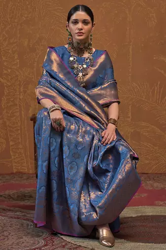 navy_blue woven design zari silk blend kanjeevaram saree with matching blouse