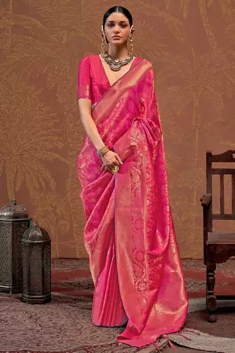 pink ethnic motifs woven design zari kanjeevaram saree