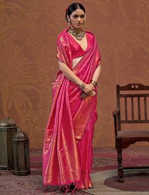 pink ethnic motifs woven design zari kanjeevaram saree 2