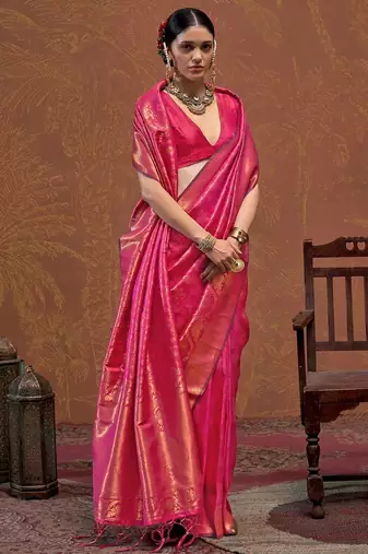 pink ethnic motifs woven design zari kanjeevaram saree