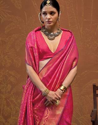pink ethnic motifs woven design zari kanjeevaram saree 3