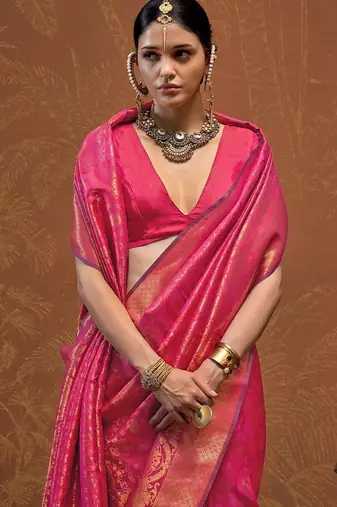pink ethnic motifs woven design zari kanjeevaram saree