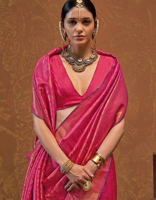 pink ethnic motifs woven design zari kanjeevaram saree 4