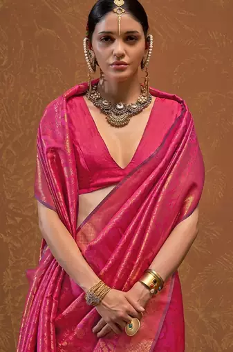 pink ethnic motifs woven design zari kanjeevaram saree