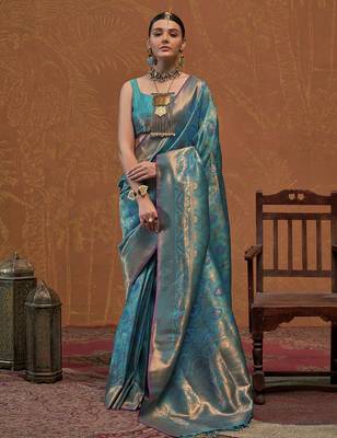 teal ethnic motifs zari kanjeevaram saree 1