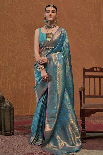 teal ethnic motifs zari kanjeevaram saree