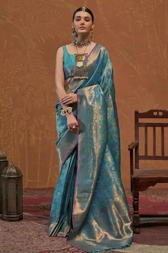 teal ethnic motifs zari kanjeevaram saree