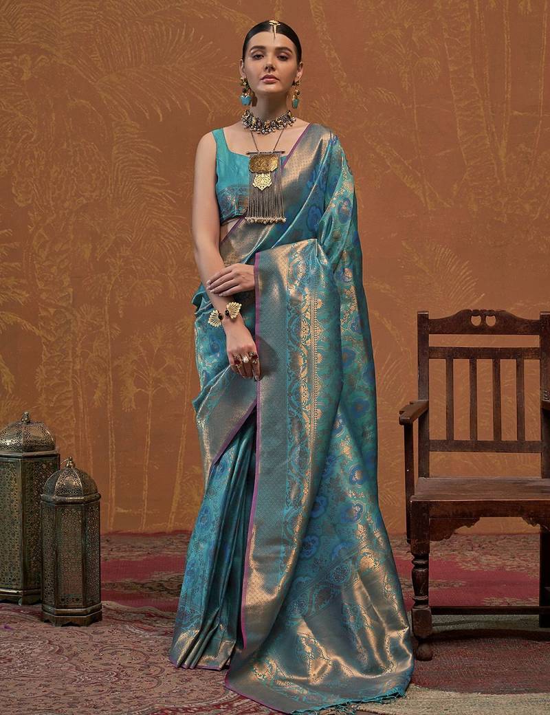 teal ethnic motifs zari kanjeevaram saree