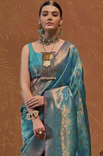 teal ethnic motifs zari kanjeevaram saree