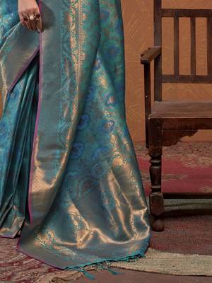 teal ethnic motifs zari kanjeevaram saree 5
