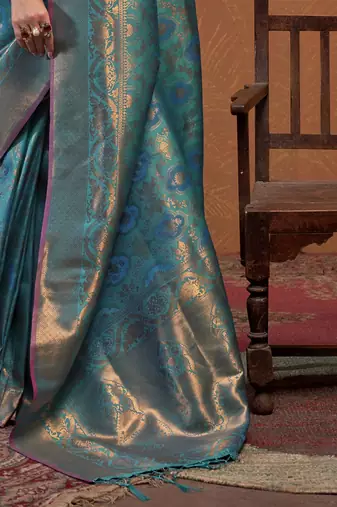 teal ethnic motifs zari kanjeevaram saree