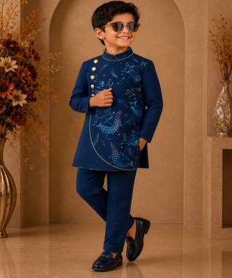 Navy blue all over unicorn print polyester kurta with pajama set ethnic wear 1