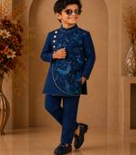 Navy blue all over unicorn print polyester kurta with pajama set ethnic wear