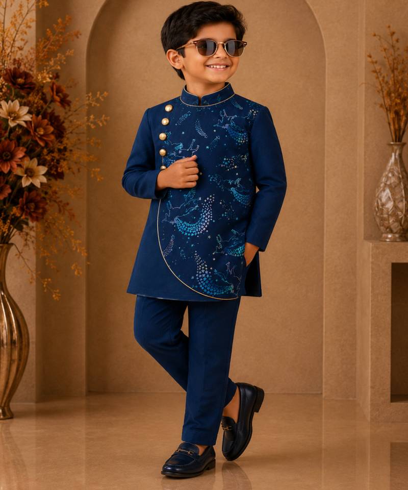 Navy blue all over unicorn print polyester kurta with pajama set ethnic wear