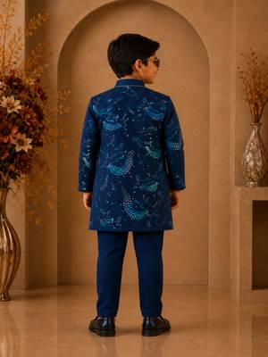 Navy blue all over unicorn print polyester kurta with pajama set ethnic wear 2