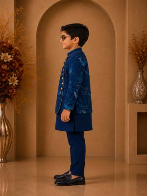 Navy blue all over unicorn print polyester kurta with pajama set ethnic wear 3