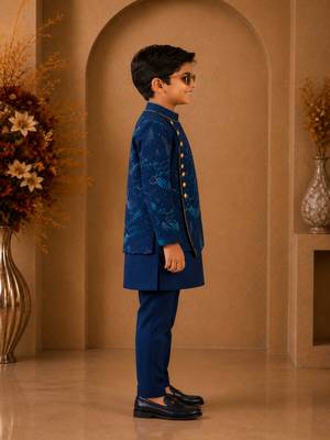 Navy blue all over unicorn print polyester kurta with pajama set ethnic wear 4