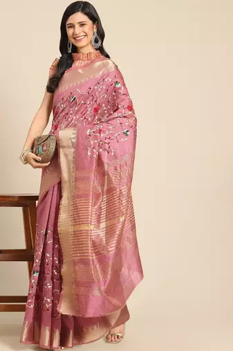 pink floral embroidered zari silk cotton mysore silk saree
