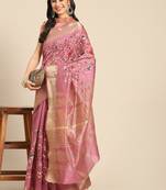 pink floral embroidered zari silk cotton mysore silk saree