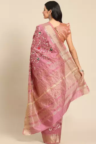 pink floral embroidered zari silk cotton mysore silk saree