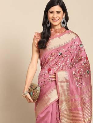 pink floral embroidered zari silk cotton mysore silk saree 3