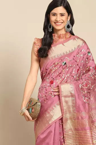 pink floral embroidered zari silk cotton mysore silk saree