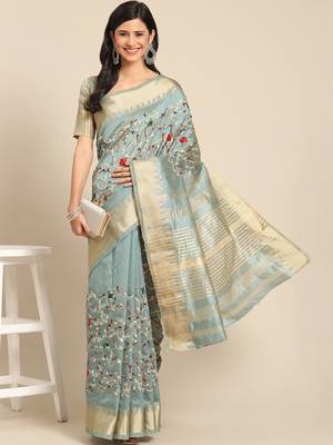 blue floral embroidered zari silk cotton mysore silk saree 1