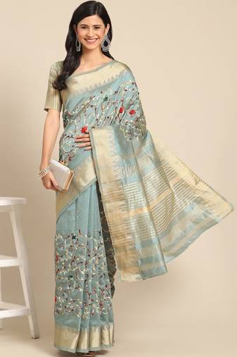 blue floral embroidered zari silk cotton mysore silk saree