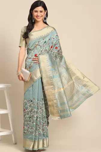 blue floral embroidered zari silk cotton mysore silk saree