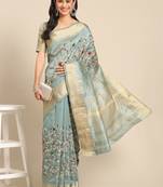 blue floral embroidered zari silk cotton mysore silk saree
