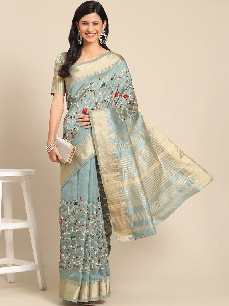 blue floral embroidered zari silk cotton mysore silk saree