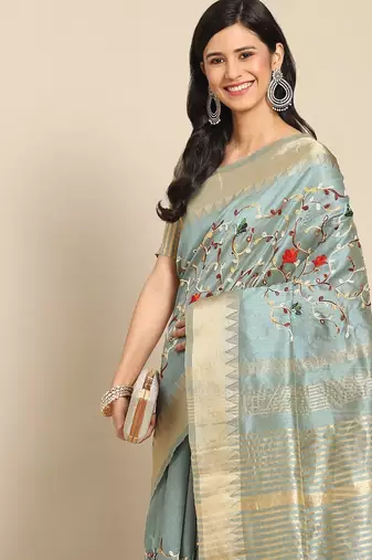 blue floral embroidered zari silk cotton mysore silk saree