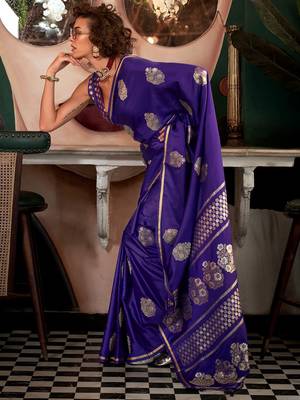 purple woven design zari satin banarasi saree 1