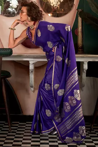 purple woven design zari satin banarasi saree