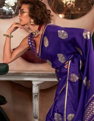 purple woven design zari satin banarasi saree 2
