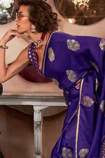 purple woven design zari satin banarasi saree