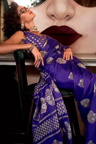 purple woven design zari satin banarasi saree