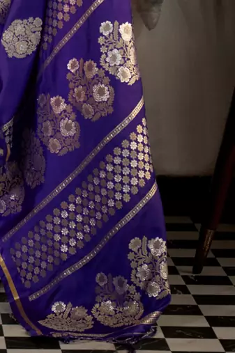 purple woven design zari satin banarasi saree
