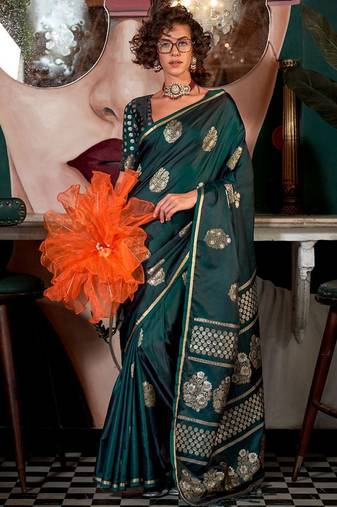 green woven design zari satin banarasi saree