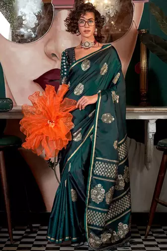 green woven design zari satin banarasi saree