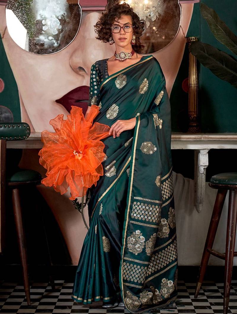 green woven design zari satin banarasi saree