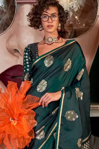 green woven design zari satin banarasi saree