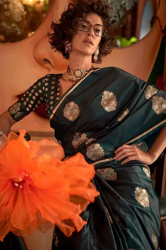 green woven design zari satin banarasi saree