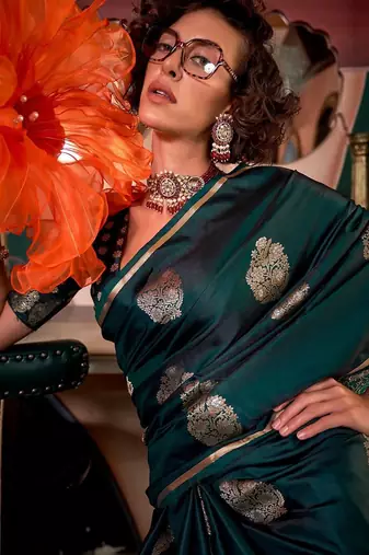 green woven design zari satin banarasi saree