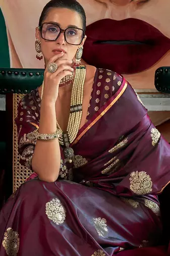 burgundy woven design zari satin banarasi saree