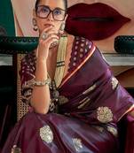 burgundy woven design zari satin banarasi saree