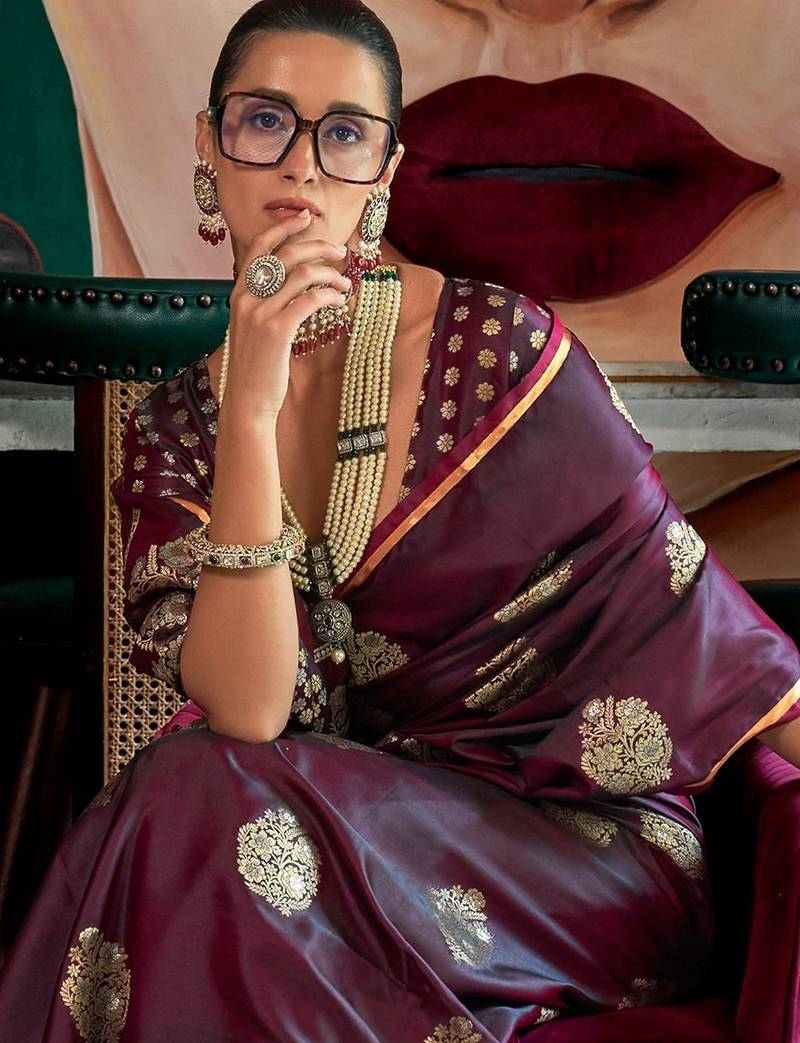 burgundy woven design zari satin banarasi saree