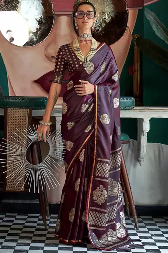 burgundy woven design zari satin banarasi saree