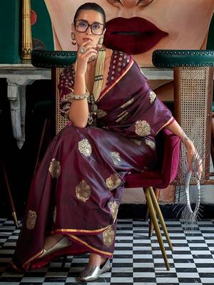 burgundy woven design zari satin banarasi saree 3